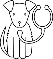 Vector linear icon of cute sitting dog with veterinarian stethoscope, isolated on white background