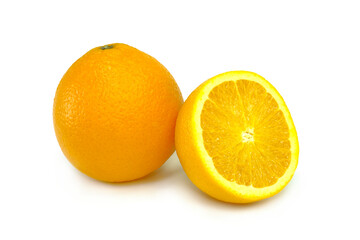 Orange fruit with orange slices isolated on the white background.