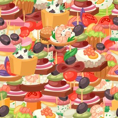 Fototapeta na wymiar Canapes on seamless texture, appetizer gourmet food, bread, olives and fish dinner in restaurant, cartoon vector illustration. Varied healthy, fresh food, buffet, delicious breakfast seamless pattern.