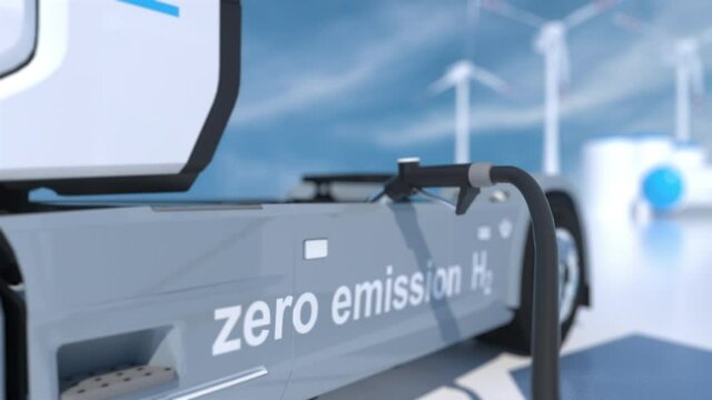 hydrogen logo on gas stations fuel dispenser. h2 combustion Truck engine for emission free ecofriendly transport.