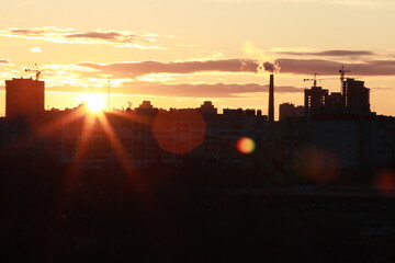 sunrise, city, nature, clouds, flowers
