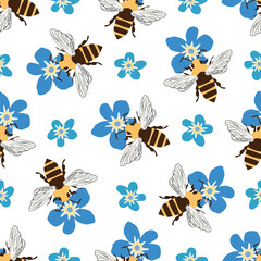 Vector honey bee and Forget-me-not flower seamless pattern background. Flying insect and floral blue white backdrop. Folk country style design. Modern all over print for garden and nature concept