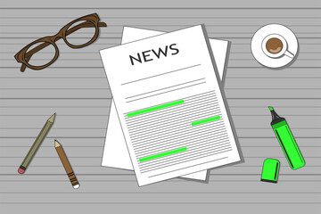 News, newspaper, coffee cup, green marker, 2 pencils,and glasses on gray table top view vector illustration