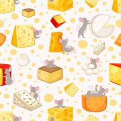 Seamless pattern sliced cheese and mice in cartoon style, pattern cute animal, food, design, flat style vector illustration. happy rat, funny drawing, background for printing on paper and fabric.