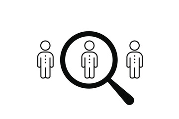 Magnifying glass looking for people icon, employee search symbol concept, headhunting, staff selection, vector illustration
