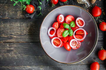 salad tomato vegetables Menu concept serving size. food background top view copy space for text organic healthy eating 
keto or paleo diet