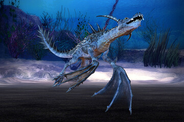 3D rendered Giant Fantasy Sea Dragon on Underwater Landscape - 3D Illustration