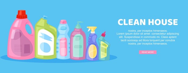 clean house, inscription on bright banner,internal housework, advertising household, design in cartoon style vector illustration. Main page website, equipment, detergent for mopping and cleaning.