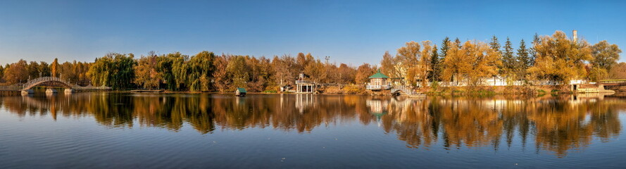 Fototapeta na wymiar Autumn landscape with a lake and yellow trees