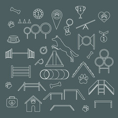 Vector big set of linear icons, agility sport equipment and items for dog training, isolated on dark background