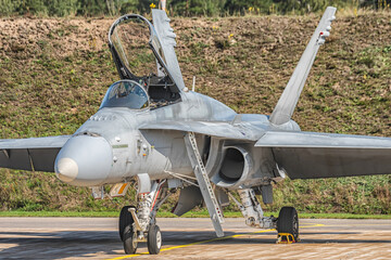 Armed fighter jet from parked on the grass with opened cabin