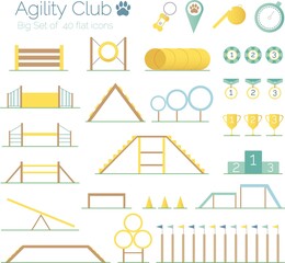 Vector big set of colorful flat icons, agility sport equipment and items for dog training, isolated on white background