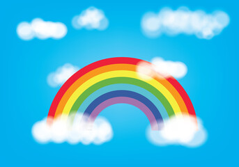 Classic cartoon rainbow arc with clouds against blue sky background. Vivid spectrum vector illustration. Color pride harmony curved lines. Canadian rainbow.