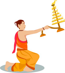 Creative design of the traditionally dressed Indian priest performing the prayer with big lit lamps made of the brass metal in the hand.
