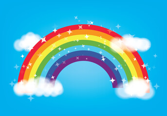 Classic cartoon rainbow arc with clouds against blue sky background. Vivid spectrum vector illustration. Color pride harmony curved lines. Canadian rainbow.