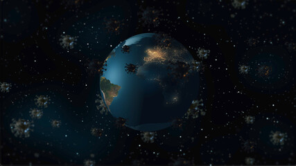 3D rendering of globe rotating in virus pandemic space.