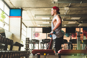 Portrait of a muscular man performs exercises in the gym. Strength training with dumbbells