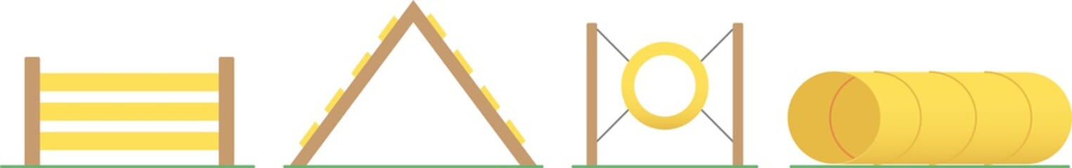 Vector set of colorful flat icons, agility sport equipment and items for dog training, ladder, tyre, tube, isolated on white background