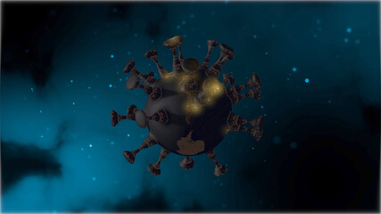 Naklejka premium Pandemic virus cell rotating over nebula background with light particles.