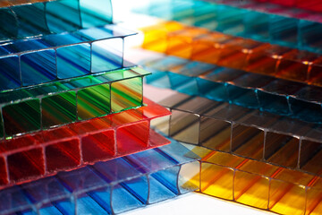 Polycarbonate plastic sheets panels images. PC hollow sheet for translucent roofing. Many colors close up