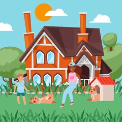 Obraz na płótnie Canvas Happy children play with puppies outdoors, joyful boy and pet, girl rejoices with cheerful dog, cartoon style vector illustration.Summer near house, healthy lifestyle, green trees, juicy, fresh grass.