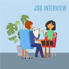 Job interview inscription, bright background, reference Information business, company employee, design, flat vector illustration. People in office at workplace, HR management, woman watching resume.