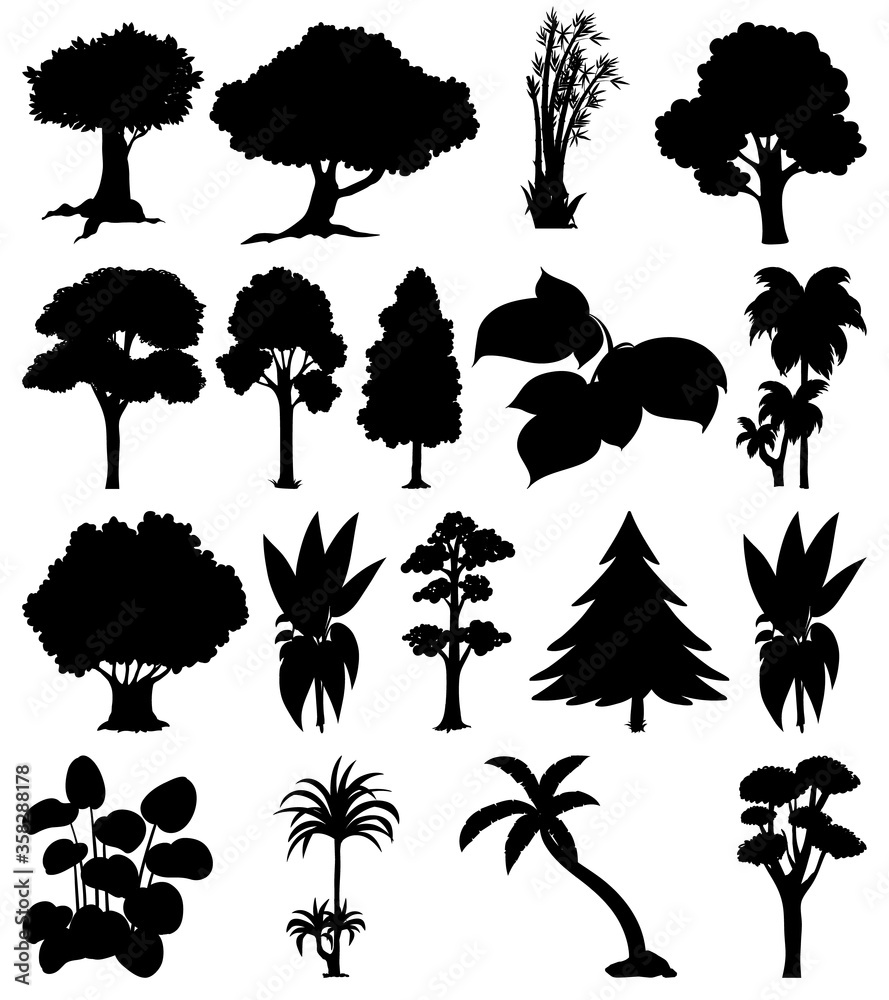 Sticker Set of plant and tree silhouette