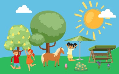 Obraz na płótnie Canvas Happy kids jumping and rejoicing horses, cute nature outdoors, attractive playground, design, cartoon style vector illustration. Outside city, nature fruit trees, green grass, funny boys and girls.