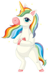 Cute rainbow unicorn in standing position on white background