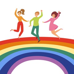Joyful people jumping on rainbow, colorful background, group happy, cheerful guys, girls, cartoon style vector illustration. Smiling woman and laughing man, students, friends have fun together.