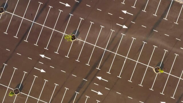Aerial view of car parking near the mall on a summer evening. Road marking. Parking fee. Parking space