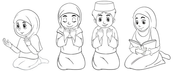 Set of differnt praying position arab muslim girl in traditional clothing outline