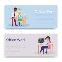 inscription office work, set banners, convenient workplace, website reference information, cartoon style vector illustration. Business management, woman supervisor, working table, discussing documents