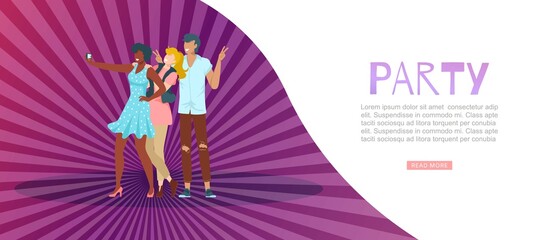 Trendy party banner, festive poster, colorful, radiant purple background, joyful event, design, cartoon style vector illustration. People have fun on holiday, young woman and guy take selfies.
