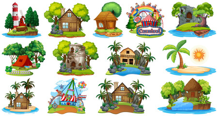 Obraz premium Set of different bangalows and island beach theme and amusement park isolated on white background