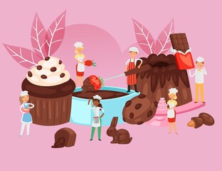 Obraz premium People cook chocolate, food recipe composition, professional bakery banner, desserts baking, cartoon style vector illustration. Happy men, women make pastries, poster for sweets with small people.