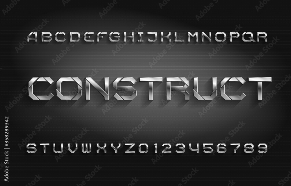 Fototapete construct alphabet font. metal effect letters and numbers with shadow. abstract background. stock ve