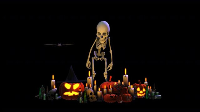 Seamless animation of a drunk skeleton with beers bottles,a bat, candles and Jack O&acute;lantern pumpkins isolated with alpha channel. Funny halloween background for events and parties.