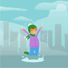 Joyful, funny girl in rain, child jumping in puddle, cute childish background design, cartoon style vector illustration. Autumn weather in city, smiling kid outdoors, rainy day, cloudy sky with clouds