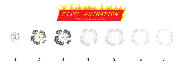 Pixel art 8 bit fire objects. Game icons set. Comic boom flame effects. Bang burst explode flash dynamite with smoke. Digital icons. Animation Process steps.