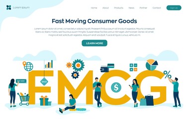 FMCG. Fast Moving Consumer Goods acronym. Quickly moving product, short term goods. Business and commerce concept with big word or text. Vector illustration with characters and icons.