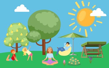 Family in summer loves to relax in nature, father, mother with children in park outdoors, design, cartoon vector illustration. Happy people together on vacation, camping, boy doing fitness with girl.