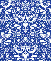 Scandinavian seamless folk art pattern with birds and flowers, Nordic floral design, retro background in white on navy blue 
