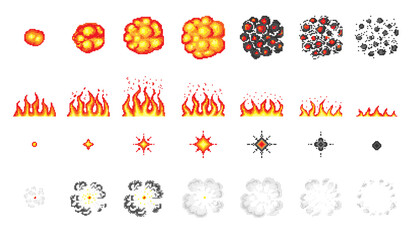 Nuclear explosion. Pixel art 8 bit fire objects. Game icons set. Comic boom flame effects. Bang burst explode flash dynamite with smoke. Digital icons. Animation Process steps.