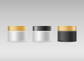 Cream Bottles three collections, black and gold cap products design on gray background, vector illustration