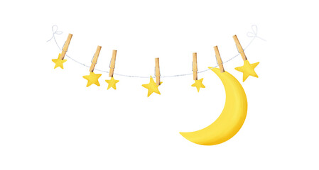 Stars and moon are hanging on a rope. Universal sleepover clip art set for your design on white background