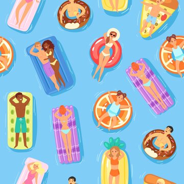 Seamless pattern, happy people and swimming on water, empty printable template, summer beach, design, cartoon vector illustration. Men, women and children have rest on vacation, time will relax well.
