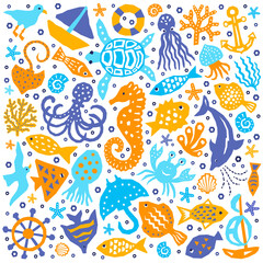 Seaworld paper cutout marine style kids design elements. Funny cartoon doodle background of fish, octopus, gull, shell, calmar, starfish, jellyfish, guitarfish. EPS 10 vector illustration © shevalierart