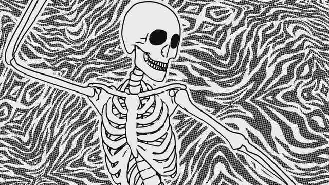 Seamless animation of a dancing skeletons printed drawn style cartoon on a zebra backdrop. Funny halloween background with marker stroke effect in black and white.
