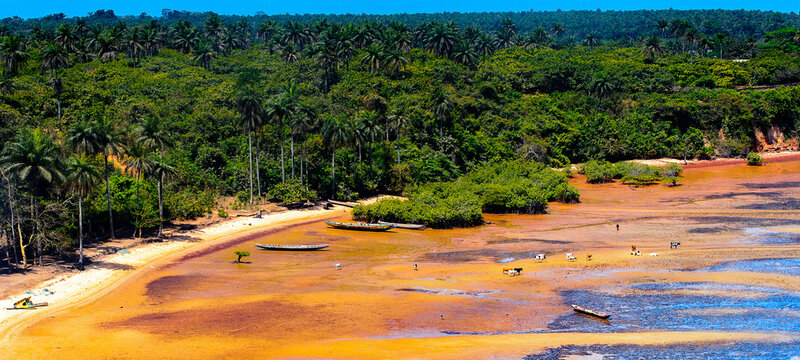 Aerial view of the coast of Bubaque island, Bissagos Archipelago (Bijagos), Guinea Bissau.  UNESCO Biosphere Reserve